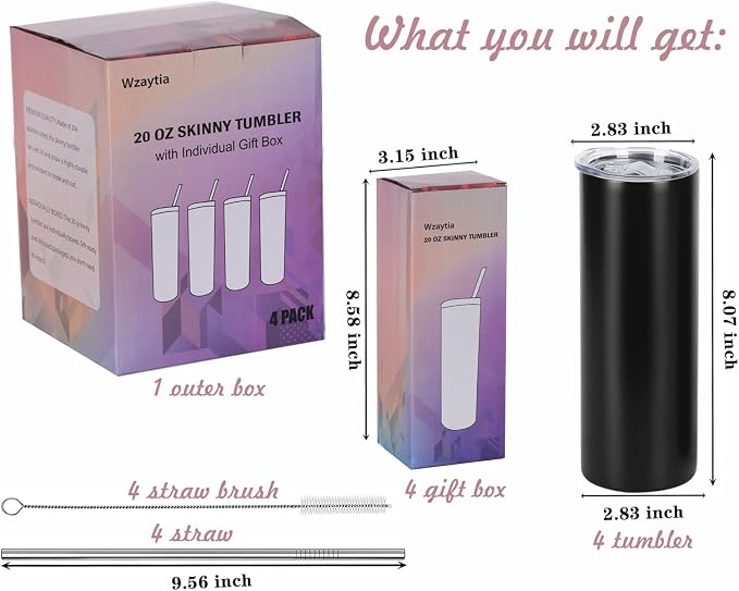 4 Pack 20 Oz Straight Skinny Tumblers,Individually Gift Boxed Stainless Steel Slim Skinny Tumbler Set Bulk, 20 Oz Insulated Slim Thin Travel Tumbler Cup for Diy, Black - Image 2