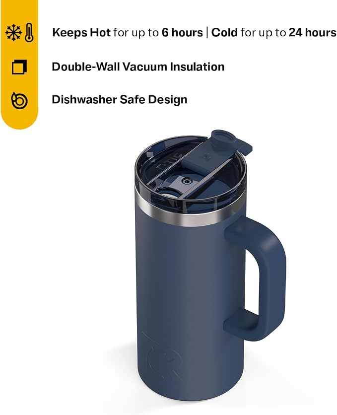 RTIC 16oz Road Trip Travel Mug with Lid and Handle, Ceramic Lined, Insulated, Stainless Steel, Metal, Double Wall Vacuum-Insulation, Portable Coffee, Tea Cup for Hot and Cold Drink, Navy - Image 2