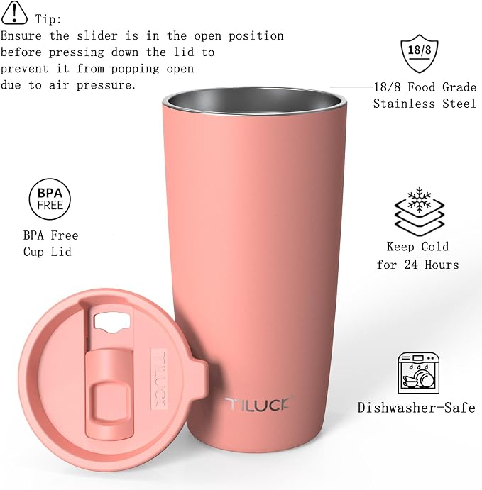 TILUCK 20 oz Insulated Tumbler with BPA-Free Lid, Stainless Steel Vacuum Travel Coffee Mug, Double Wall Coffee Tumbler（20oz，Matte CoralRed） - Image 2