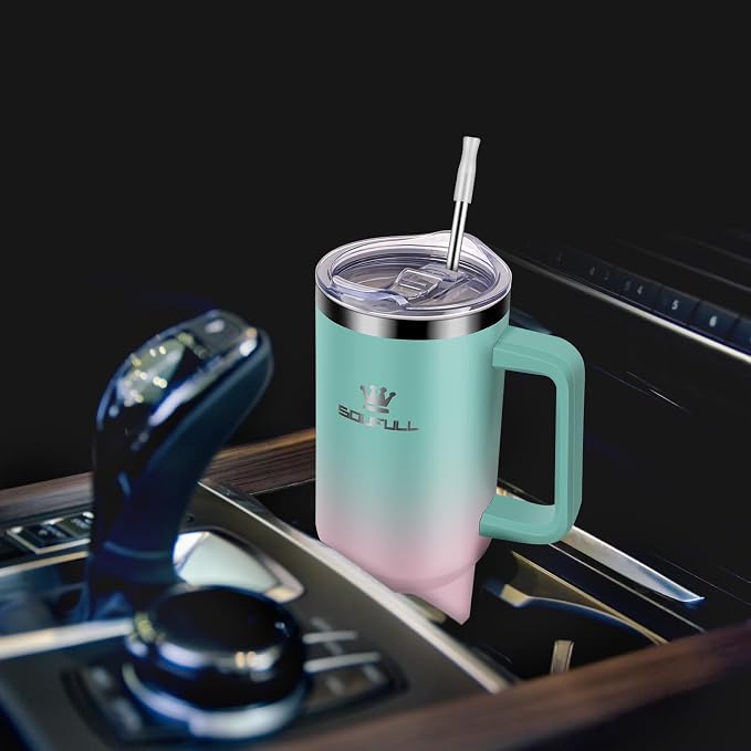 40 oz Tumbler with Handle and Straw Lid, 100% Leak-proof Travel Coffee Mug, Stainless Steel Insulated Cup for Hot Cold Beverages, Keeps Cold for 34Hrs or Hot for 10Hrs, Dishwasher Safe (GreenPink) - Image 8