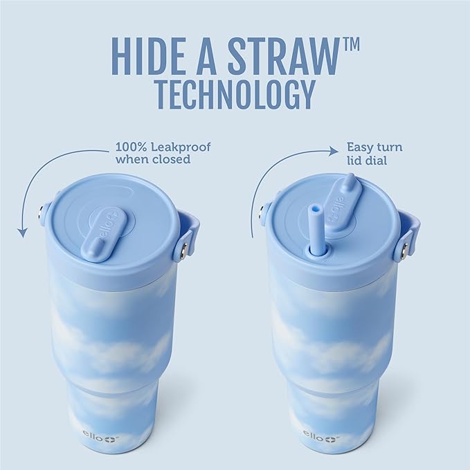 Ello Oasis Go+ 26oz Tumbler with Top Handle and Retracting Straw | Reusable Insulated Stainless Steel Cup, 100% Leakproof Water Bottle, 24 Hours Cold, Cup Holder Friendly For Travel | In The Clouds - Image 2
