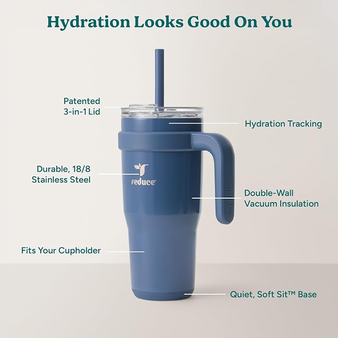 Reduce 24 oz Stainless Steel Tumbler with Handle - Dual-Wall Vacuum Insulated Travel Mug, Sweat-Proof Lid & Reusable Straw - Keeps Drinks Cold for 24 Hrs, Fits Cupholders, Dishwasher Safe-Mineral Blue - Image 4