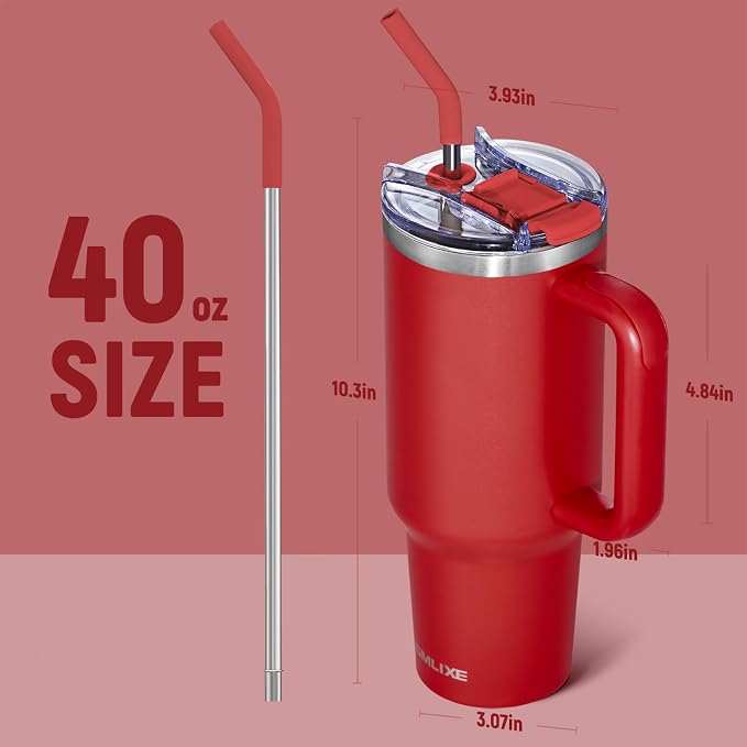 40 oz Tumbler with Handle and Straw Lid,Insulated Reusable Stainless Steel Water Bottle Travel Mug，Cupholder Friendly Double Wall Vacuum Sealed Cup (Cherry Red) - Image 3