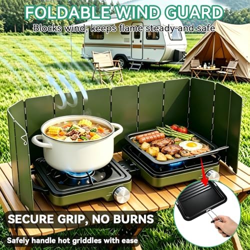 2 Burner Portable Camp Stove, 24000 BTU Propane Camping Stove with Windshield, Folding Gas Stove with Carry Bag, Compact Camping Essentials Gear for BBQ, Picnic, Outdoor Cooking, Grilling, Green - Image 3