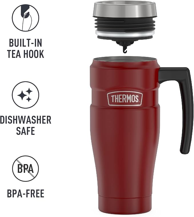 THERMOS Stainless King Vacuum-Insulated Travel Mug with Handle - 16oz, Rustic Red, Thermos Tumbler for Hot/Cold Drinks, Leak-Proof & Sweat-Proof Stainless Steel Coffee Mug with Lid (Pack of 4) - Image 5