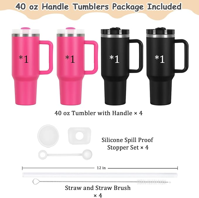 4 Pack 40 Oz Tumblers with Handle Bulk, Double Wall Vacuum Insulated Stainless Steel Tumblers with Lid and Straw, 40 oz Cup with Silicone Spill Proof Stopper Set (Black-2,Hot Pink-2) - Image 5