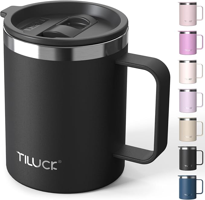 TILUCK 12 oz Insulated Coffee Mug with Lid, Double Wall Vacuum Insulated Travel Mug Cup with Handle for Hot or Cold Drinks（12oz，Matte Black） by TILUCKBringsGoodLuck