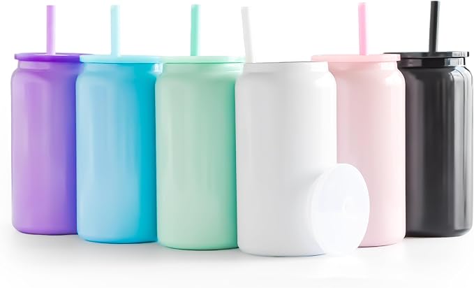 6 Pack Glass Cups with Lids and Straws Unbreakable 16 oz Stainless Steel Can Cup Double Wall Insulated Beer Can Tumbler for Iced Coffee, Juice, Soda, Bright-Colored by FECBK