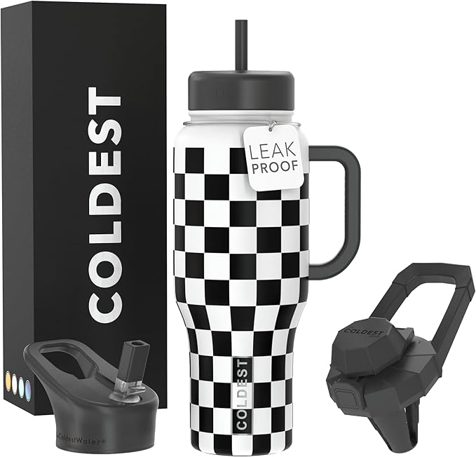 Coldest Tumbler with Handle and Straw, 100% Leak Proof Insulated Tumbler with Lid and Straw (3 Lids), Stainless Steel Tumblers for Women & Men, Cup Holder Friendly, 36 oz (Black Checkers) by Coldest