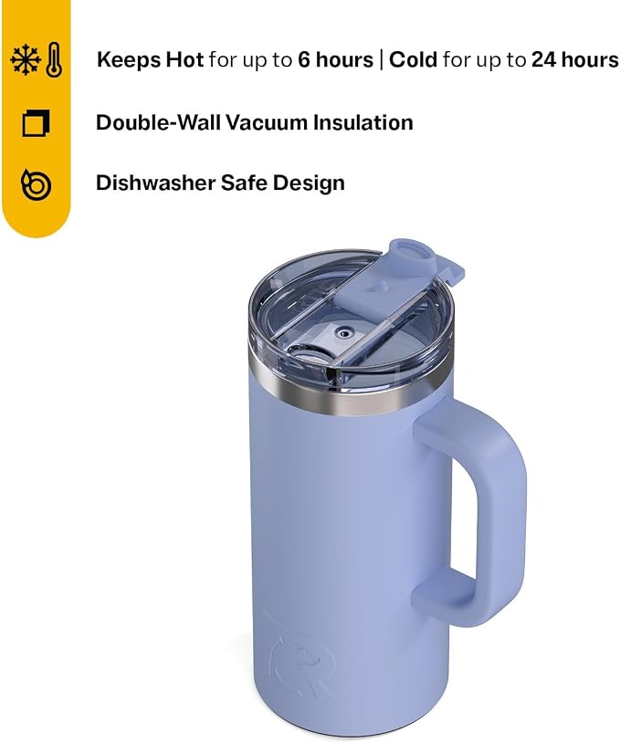 RTIC 16oz Road Trip Travel Mug with Lid and Handle, Ceramic Lined, Insulated, Stainless Steel, Metal, Double Wall Vacuum-Insulation, Portable Coffee, Tea Cup for Hot and Cold Drink, Periwinkle - Image 2