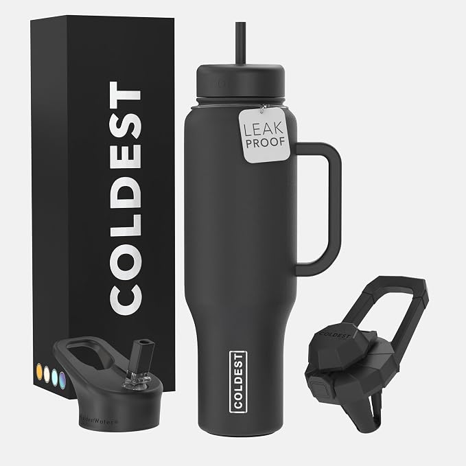 Coldest Tumbler with Handle and Straw - 100% Leak Proof Insulated Tumbler with Lid and Straw (3 Lids) - Stainless Steel Tumblers for Women & Men - Cup Holder Friendly Base, 46 oz (Stealth Black) by Coldest