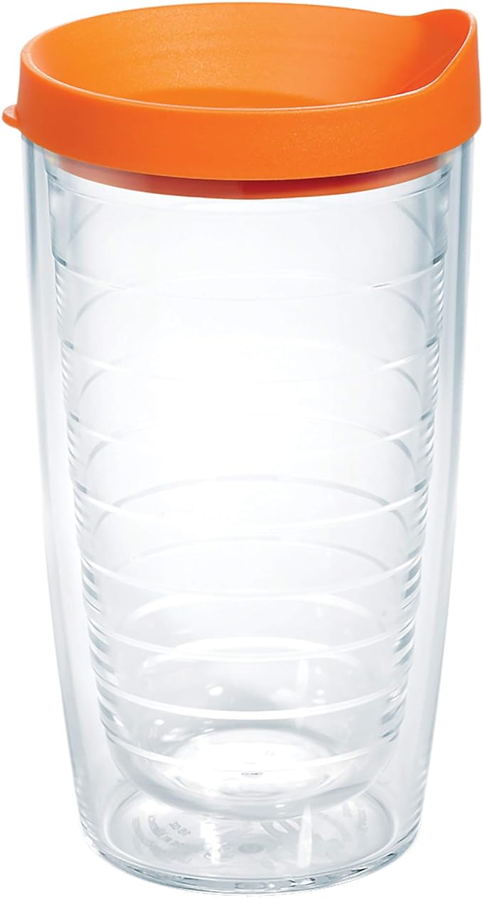 Tervis Clear & Colorful Lidded Made in USA Double Walled Insulated Tumbler Travel Cup Keeps Drinks Cold & Hot, 16oz, Orange Lid by TervisTumblerCompany