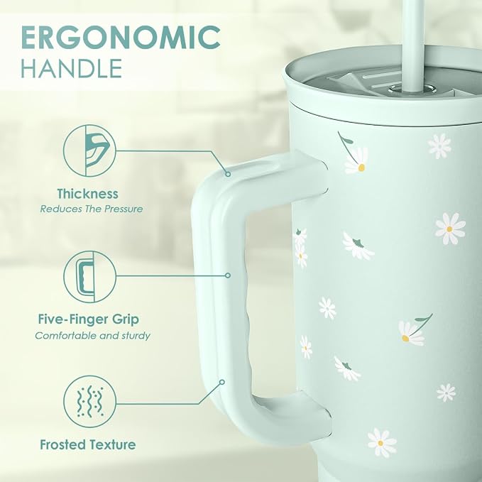 Daisy 40oz Tumbler with Handle and Straw – Flower Insulated Stainless Steel Travel Coffee Mug for Women Girls - Gift Idea for Birthday Christmas Mothers Day - Image 3