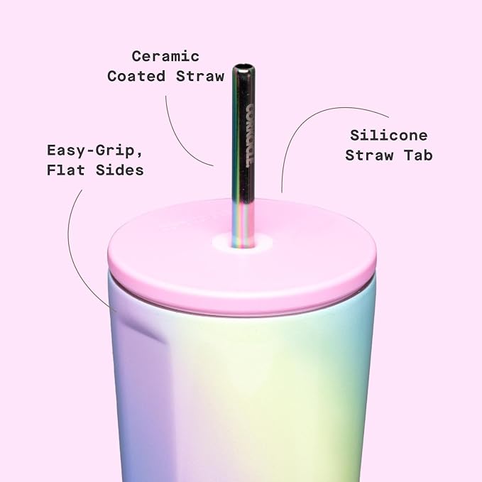 Corkcicle Cold Cup Insulated Tumbler with Straw - Keeps Drinks Cold for 12 Hours - Triple-Insulated Stainless Steel - Leak-Resistant Lid - Summer Drinkware Gift - 24 oz - Rainbow Unicorn - Image 4