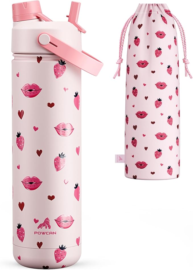 POWCAN 26 oz Insulated Water Bottle with 2-in-1 Straw and Spout Lid, Keep Cold 24H, Leak-Proof, Fits in Car Cup Holder, Stainless Steel Water Bottle for Sports, Travel, Gift and School (Kiss Me Berry) by POWCAN