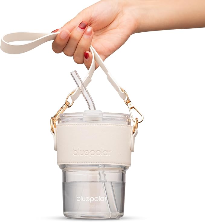 BLUEPOLAR 13oz/400ml Glass Water Tumbler with Straw and Lid Sealed Carry on Thick Wall Iced Coffee Cup for Water, Iced Tea, Fruit Juice (White with Sleeve and Strap) by BLUEPOLAR