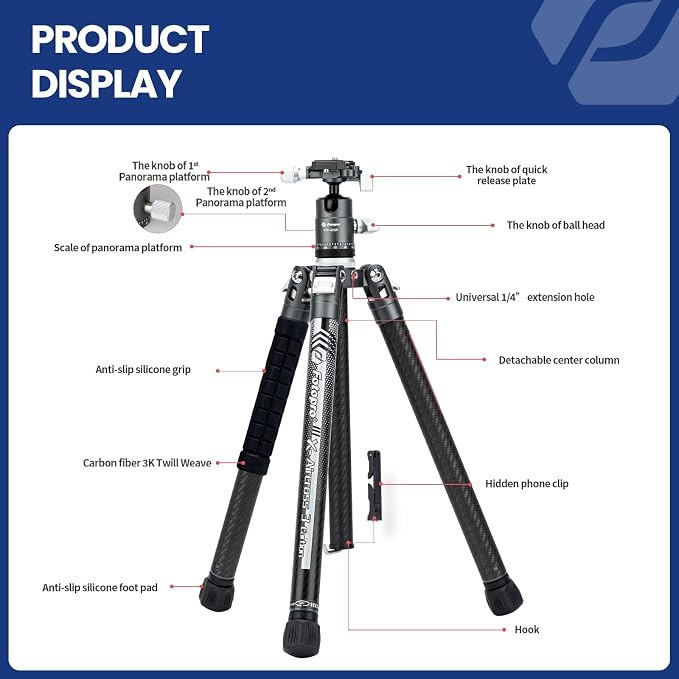 Fotopro Carbon Fiber Tripod for Camera 2lbs Ultralight 62 Inch Travel Camera - Image 7