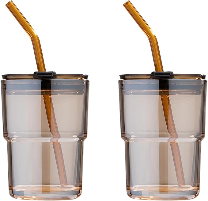 BLUEPOLAR 13oz/400ml Tumbler Water Glass, Cups with Straw and Lid Sealed Carry on for Coffee, Iced Tea, Thick Wall Insulated Glass Cup（Amber 2-Pack） by BLUEPOLAR