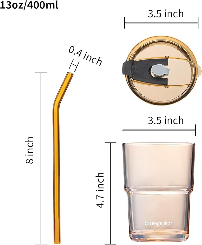 BLUEPOLAR 13oz/400ml Glass Water Tumbler with Straw and Lid Sealed Carry On Thick Wall Iced Coffee Cup Glass Cup for Water, Iced Tea Fruit Juice Etc (Amber-2PACK) - Image 4