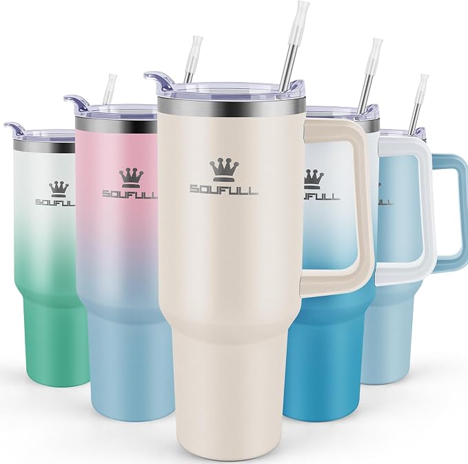 40 oz Tumbler with Handle and Straw Lid, 100% Leak-proof Travel Coffee Mug, Stainless Steel Insulated Cup for Hot and Cold Beverages, Keeps Cold for 34Hrs or Hot for 10Hrs, Dishwasher Safe (Cream) by SOUFULL