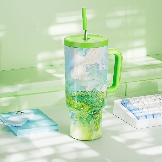 Meoky 40 oz Tumbler with Handle and Straw: Stainless Steel Insulated Tumbler with Lid and Straw - 100% Leak Proof Tumbler for Car Cup Holders - Travelers Commuters Workers, Spring Field - Image 7