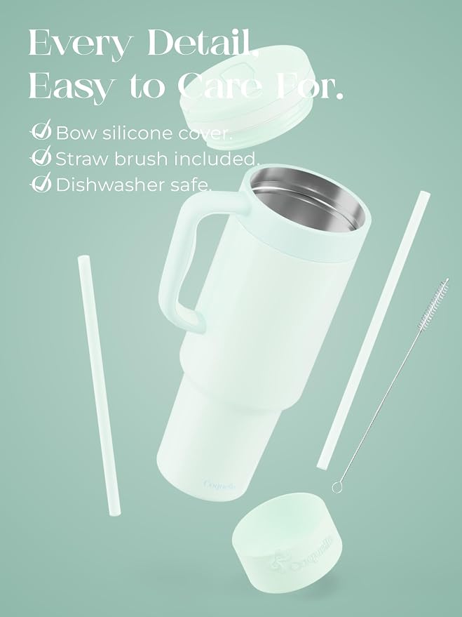 40 oz Insulated Tumbler with Handle and Push-Button Straw Lid, Stainless Steel Travel Cup for Gym Office, Leakproof, BPA-Free, Cup Holder Friendly, Bow Silicone Boot, Green (Morning Mist) - Image 6