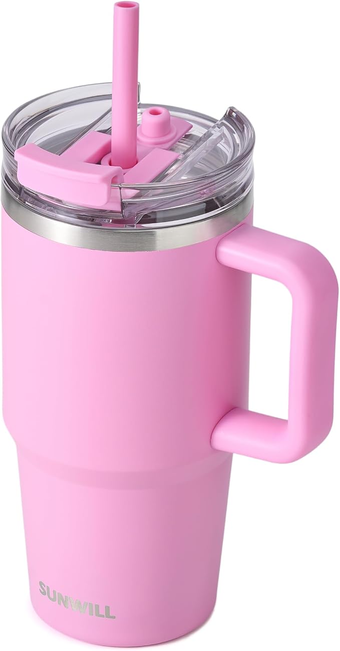 SUNWILL Travel Coffee Mug with Lid, 20 oz Tumbler with Handle and Straw Leak Proof, Stainless Steel Cup Insulated for Office & Gym, Cupholder Friendly, Powder Coated Pink by SUNWILL