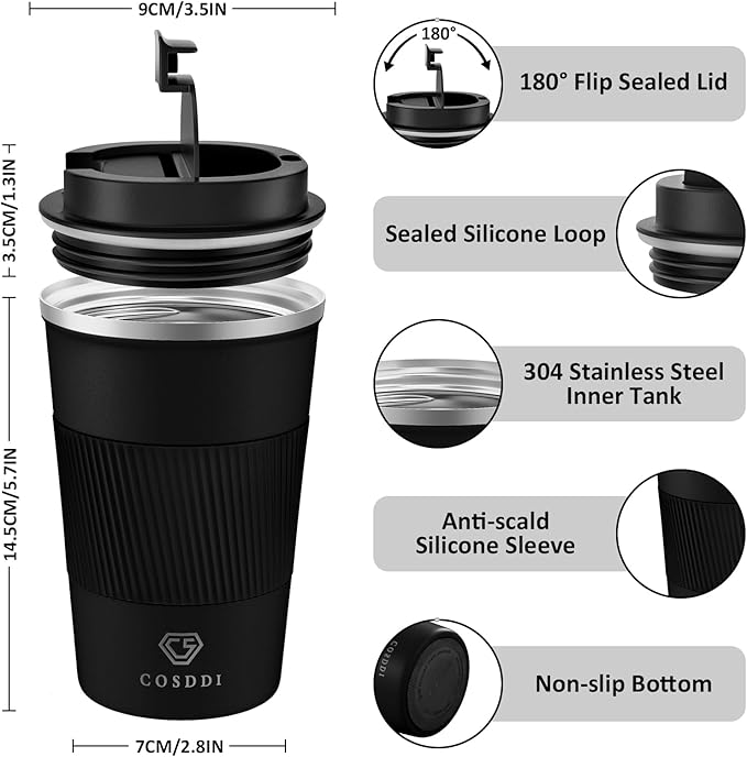 CS COSDDI 12 oz Stainless Steel Insulated Coffee Tumbler, Spill Proof Travel Mug with Lid for Hot & Cold Drinks, Car Cup Holder Friendly, Black - Image 2
