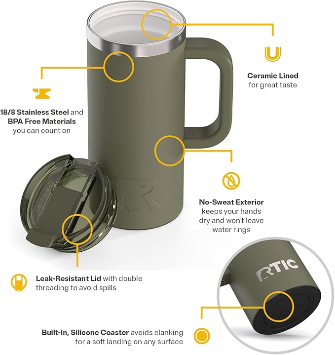 RTIC 16oz Road Trip Travel Mug with Lid and Handle, Ceramic Lined, Insulated, Stainless Steel, Metal, Double Wall Vacuum-Insulation, Portable Coffee, Tea Cup for Hot and Cold Drink, Olive - Image 3
