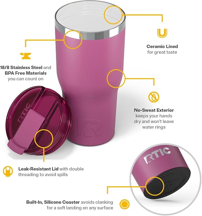 RTIC 30oz Essential Tumbler with Lid, Ceramic Lined, Insulated, Stainless Steel, Metal, Double Wall Vacuum-Insulation, Travel Cup for Iced Coffee, Tea, Hot and Cold Drink, Orchid - Image 4