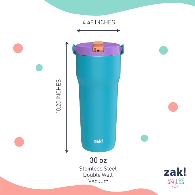 Zak Designs Sutton Travel Tumbler for On the Go, 30oz Stainless Steel with Vacuum Insulation, Straw Spout, Carry Handle for Cold Drinks (Turquoise) - Image 6