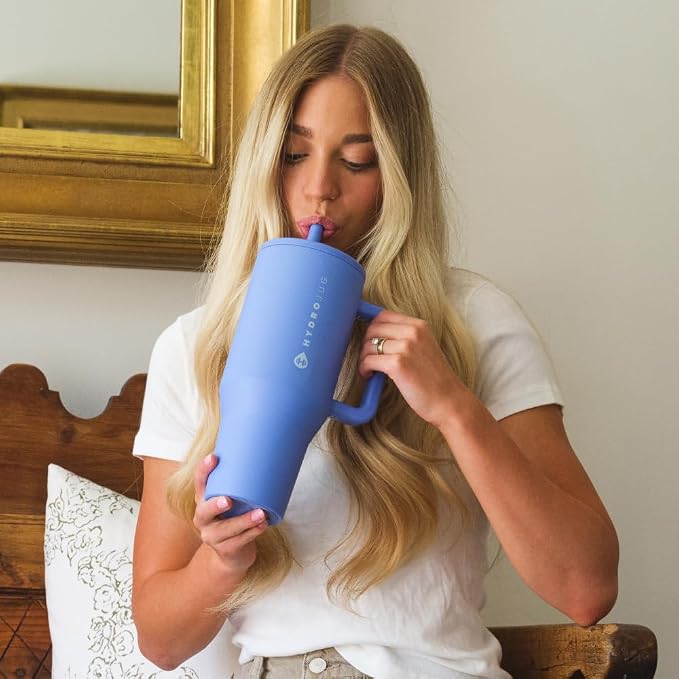 HydroJug Traveler - 40 oz Water Bottle with Handle & Flip Straw - Fits in Cup Holder, Leak Resistant Tumbler-Reusable Insulated Stainless Steel & Rubber Base - Gifts for Women & Men, Light Blue - Image 6