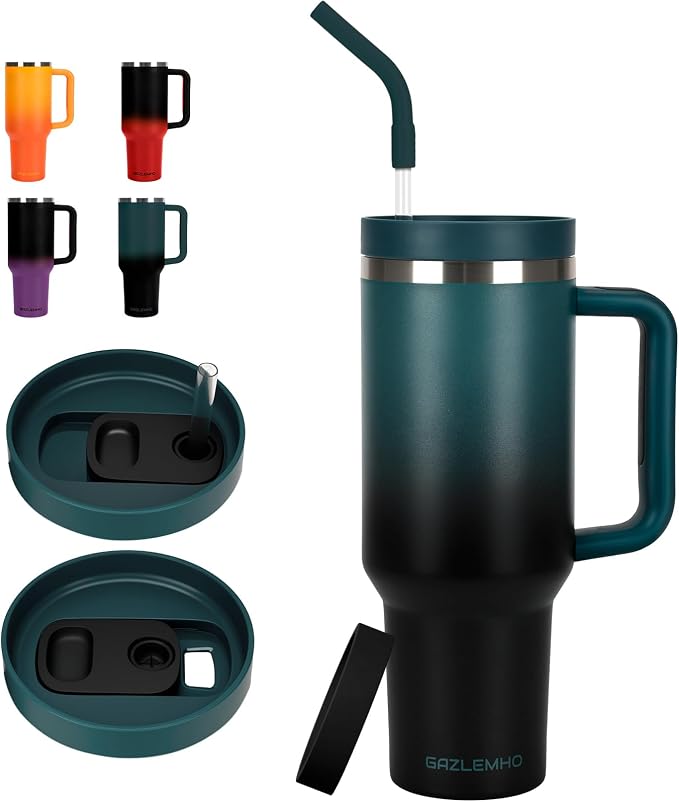 40oz Tumbler with Handle and Straw Spout 2-in-1 Lid, Spill Leak Proof Insulated Travel Cup Traveler Water Mug Keep Cold Hot, Dishwasher Safe Stainless Steel Bottle Gifts for Women Men, Indigo Black by GAZLEMHO