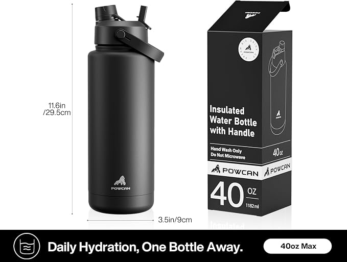 POWCAN 40 oz Insulated Water Bottle with 2-in-1 Straw and Spout Lid, Keep Cold 24H, Leak-Proof, BPA-Free, Double Wall Stainless Steel Water Bottle for Sports, Gym, Travel, and School (Dark Knight) - Image 5