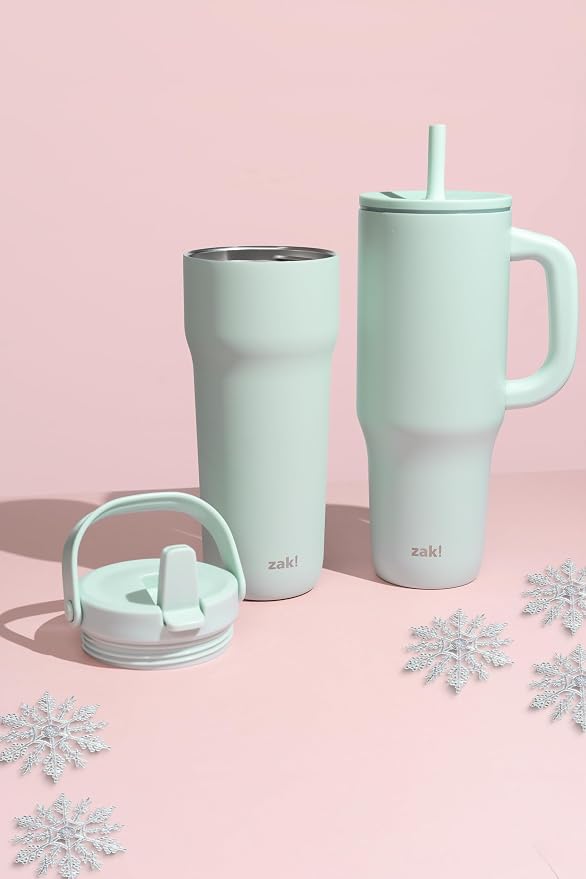 Zak Designs Sutton Travel Tumbler for On the Go, 40oz Stainless Steel with Vacuum Insulation, Silicone Straw, and Carry Handle for Cold Drinks (Icicle Mint Green) - Image 8