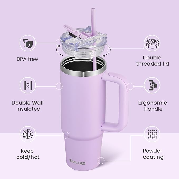 30 oz Tumbler with Handle, Tumbler with Lid and Straw, Double Wall Vacuum Insulated Travel Mug Stainless Steel Tumbler for Hot and Cold, Cupholder Friendly (Purple) - Image 2