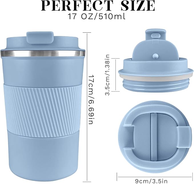 YINBAOGE Insulated Travel Coffee Mug, Spill & Leak Proof, Portable To Go Camping Stainless Steel Coffee Tumbler, Reusable Thermal Coffee Cup with Lid for Hot & Cold Drinks (Light blue, 17 OZ) - Image 2