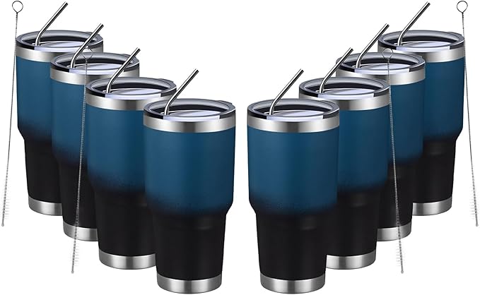 MEWAY 30oz Insulated Tumbler With Lids and Straws,Stainless Steel Double Vacuum Coffee Tumbler Cup, Brush, Durable Powder Coated Coffee Cup for Cold & Hot Drinks(Blue Black, 8 PACK) by MEWAY