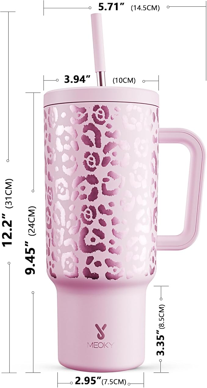 Meoky 40 oz Tumbler with Handle and Straw, Tumbler with Lid and Straw, Insulated Stainless Steel Travel Mug, 100% Leak-proof, Keeps Cold for 34 Hours or Hot for 10 Hours (Pink Leopard) - Image 6