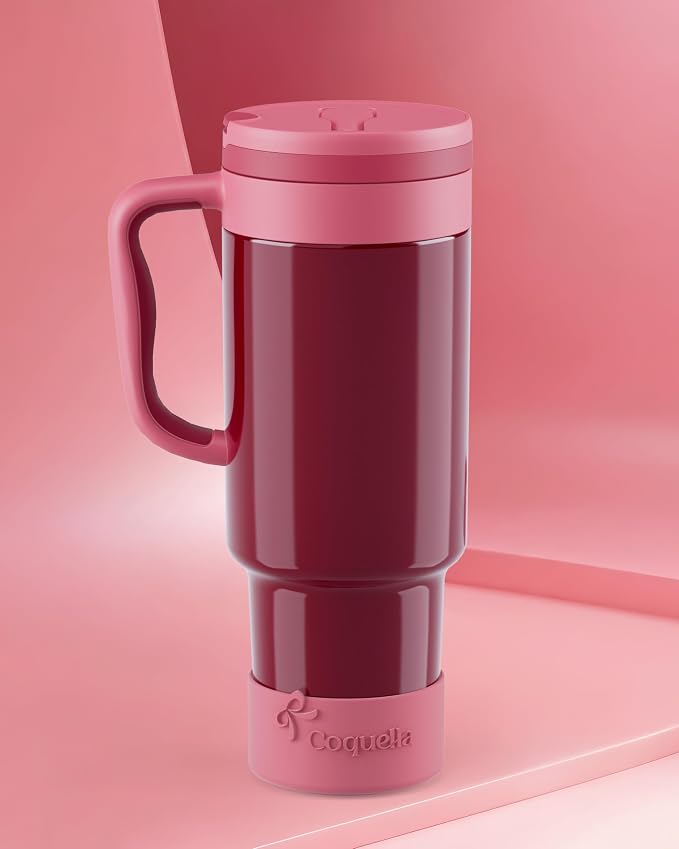 40 oz Insulated Tumbler with Handle and Push-Button Straw Lid, Stainless Steel Travel Cup for Gym Office, Leakproof, BPA-Free, Cup Holder Friendly, Bow Silicone Boot, Red (Wine Burgundy) - Image 2