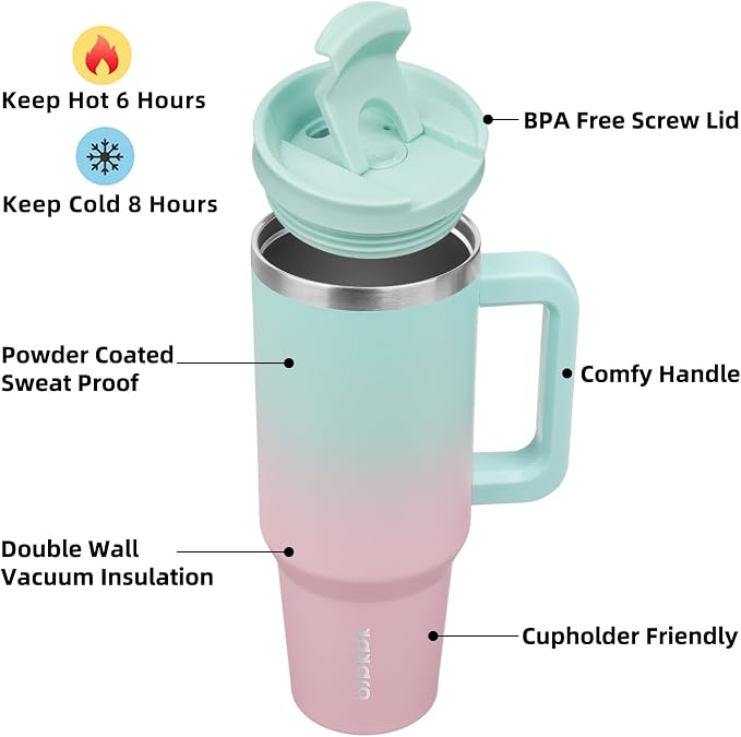BJPKPK Tumbler With Handle And Straw 40oz Insulated Tumbler Cups With Lid Stainless Steel Travel Coffee Mug,Bubble Gum - Image 2