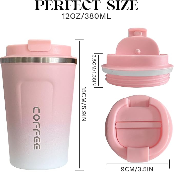 YINBAOGE Insulated Travel Coffee Mug, Spill & Leak Proof, Portable To Go Camping Stainless Steel Coffee Tumbler, Reusable Thermal Coffee Cup with Lid for Hot & Cold Drinks (2nd-Pink White, 12 OZ) - Image 4