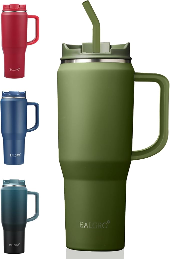 EALGRO 40 oz Tumbler with Handle, Insulated Tumblers with Lid and Straw, Large Metal Sports Water Bottle Jug, Thermal Stainless Steel Travel Coffee Mug Cup, Army Green by EALGRO