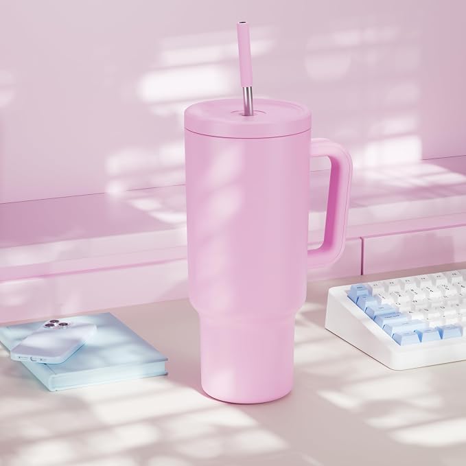 Meoky 40 oz Tumbler with Handle and Straw: Stainless Steel Insulated Tumbler with Lid and Straw - 100% Leak Proof Tumbler for Car Cup Holders - Travelers Commuters Workers, Pink - Image 7