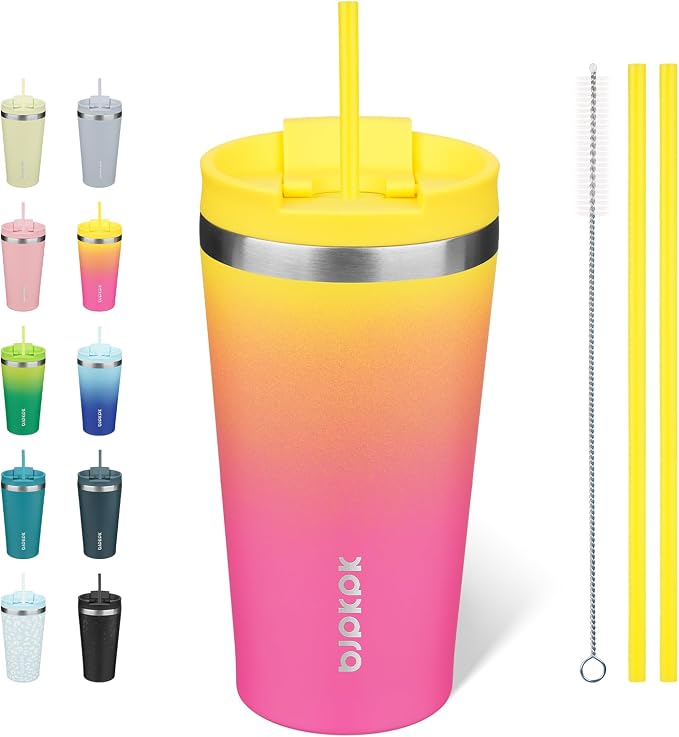 BJPKPK 18oz Stainless Steel Insulated Tumbler With lid And Straw Travel Coffee Thermal Tumblers Cup For Women And Men,Pink Yellow Rose by BJPKPK