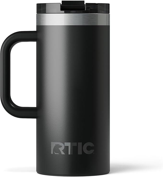 RTIC 16oz Road Trip Travel Mug with Lid and Handle, Ceramic Lined, Insulated, Stainless Steel, Metal, Double Wall Vacuum-Insulation, Portable Coffee, Tea Cup for Hot and Cold Drink, Black by RTIC