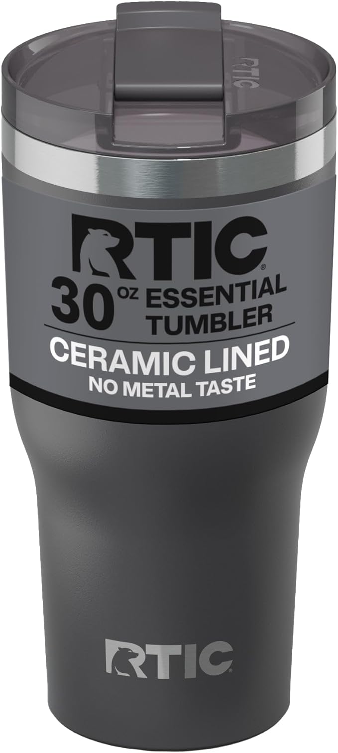 RTIC 30oz Essential Tumbler with Lid, Ceramic Lined, Insulated, Stainless Steel, Metal, Double Wall Vacuum-Insulation, Travel Cup for Iced Coffee, Tea, Hot and Cold Drink, Graphite by RTIC