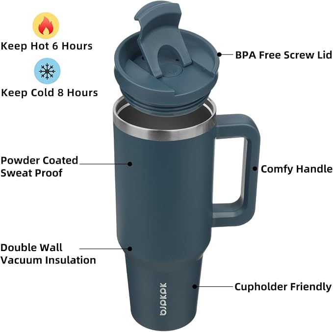 BJPKPK 40oz Stainless Steel Insulated Tumbler With Handle And Lid Straw Travel Coffee Mug Thermal Cup,Navy Blue - Image 2