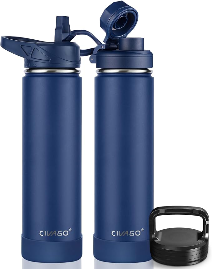 CIVAGO 24 oz Insulated Water Bottle With Straw, Stainless Steel Sports Water Flask Cup with 3 Lids (Straw, Spout and Handle Lid), Double Walled Travel Thermal Canteen Mug, Navy by CIVAGO