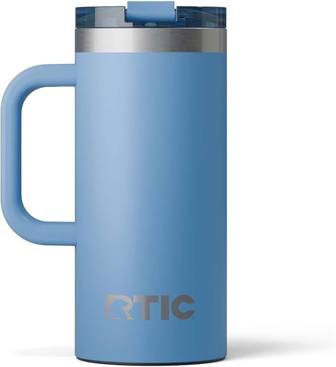 RTIC 16oz Road Trip Travel Mug with Lid and Handle, Insulated, Stainless Steel, Metal, Double Wall Vacuum-Insulation, Ceramic Lined, Portable Coffee, Tea Cup for Hot and Cold Drink, Denim by RTIC